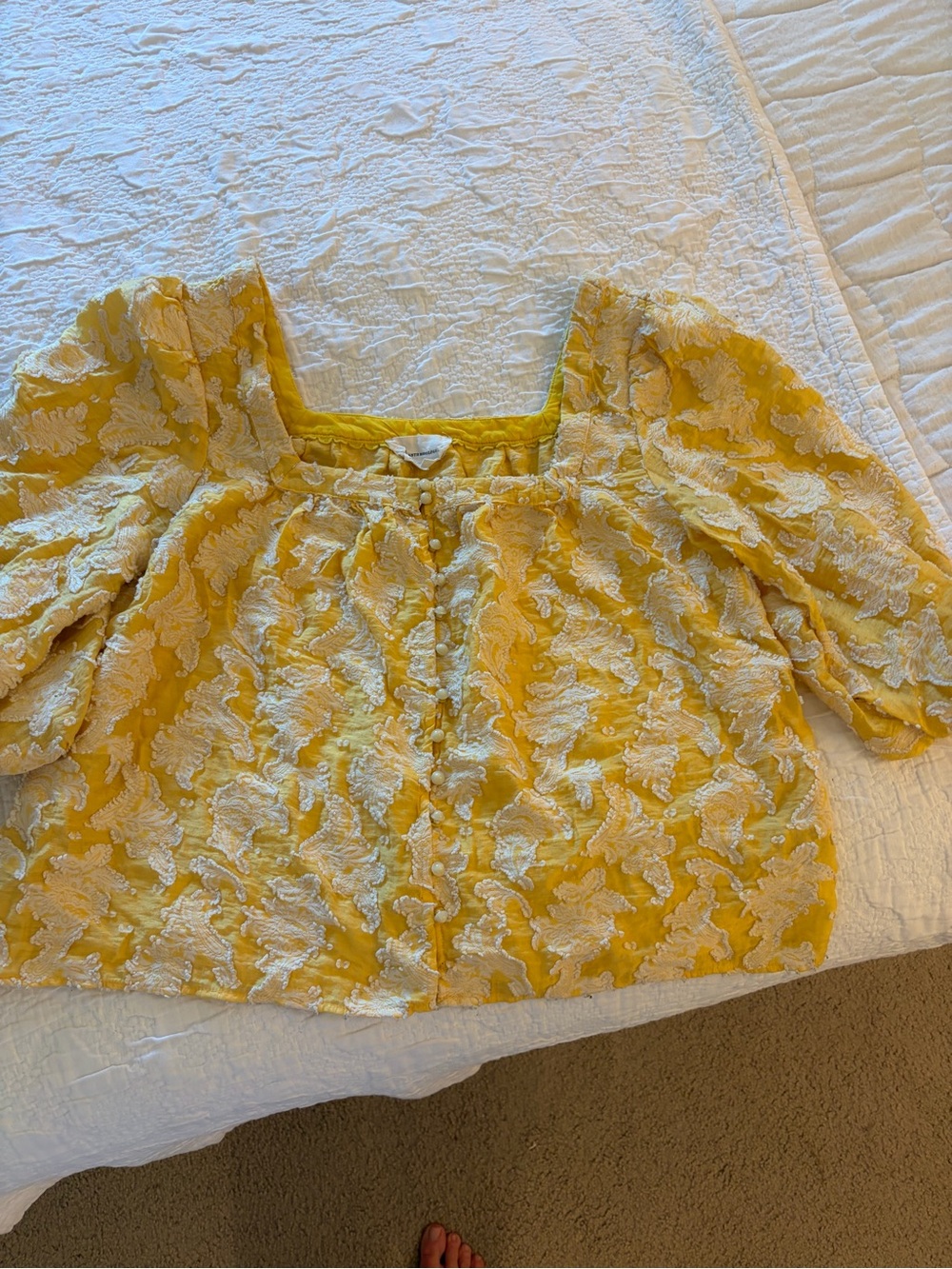 Anthropologie Yellow and Cream Textured Puff Sleeve Blouse